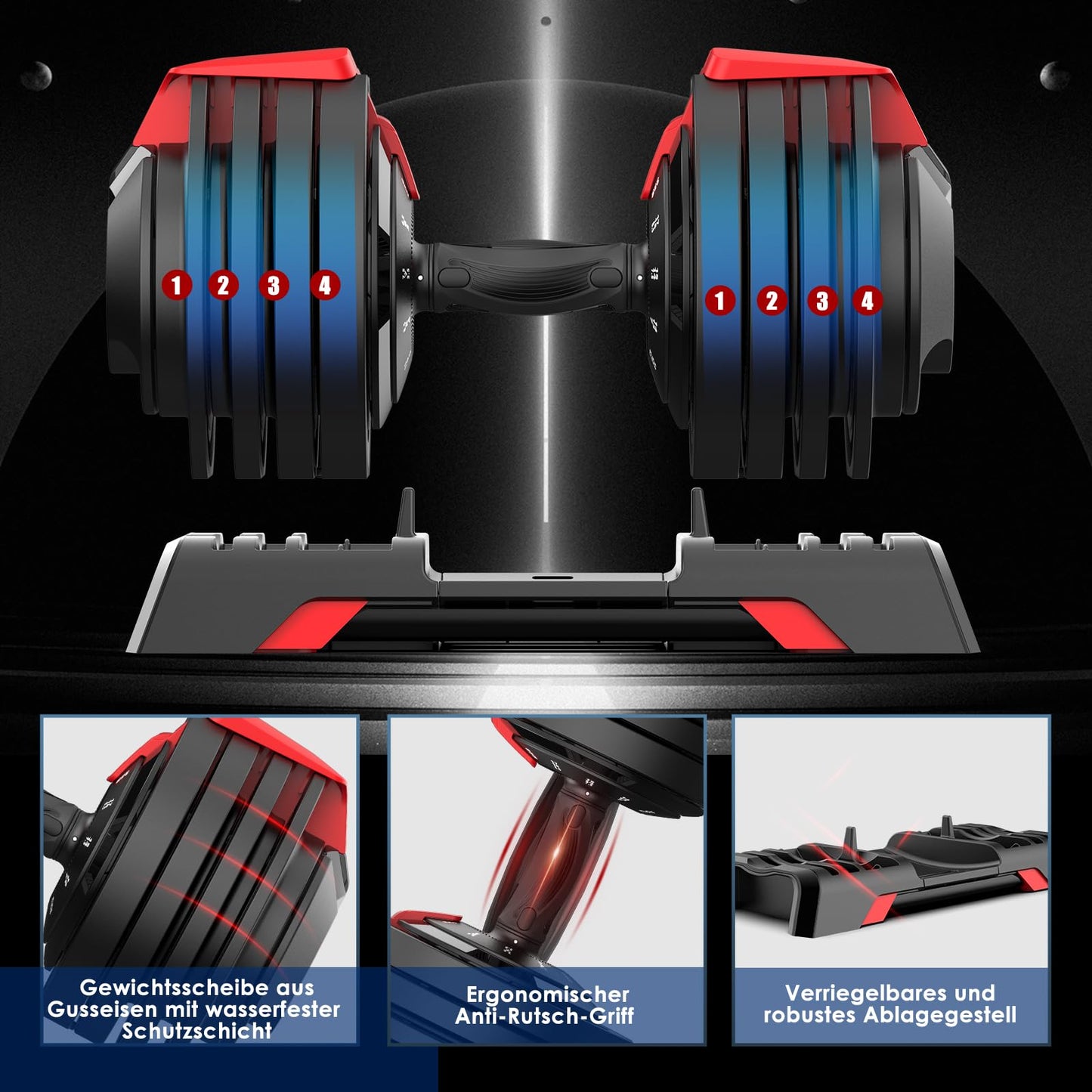 DH FitLife Verstellbare Kurzhantel 24kg 3–24 kg, 12 Gewichtsstufen, Hantel Set 12-in-1 für Krafttraining (1 Stück)