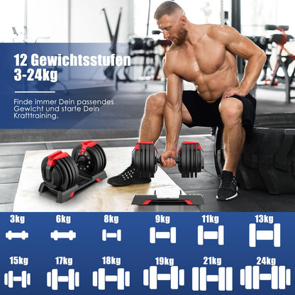 DH FitLife Verstellbare Kurzhantel 24kg 3–24 kg, 12 Gewichtsstufen, Hantel Set 12-in-1 für Krafttraining (1 Stück)