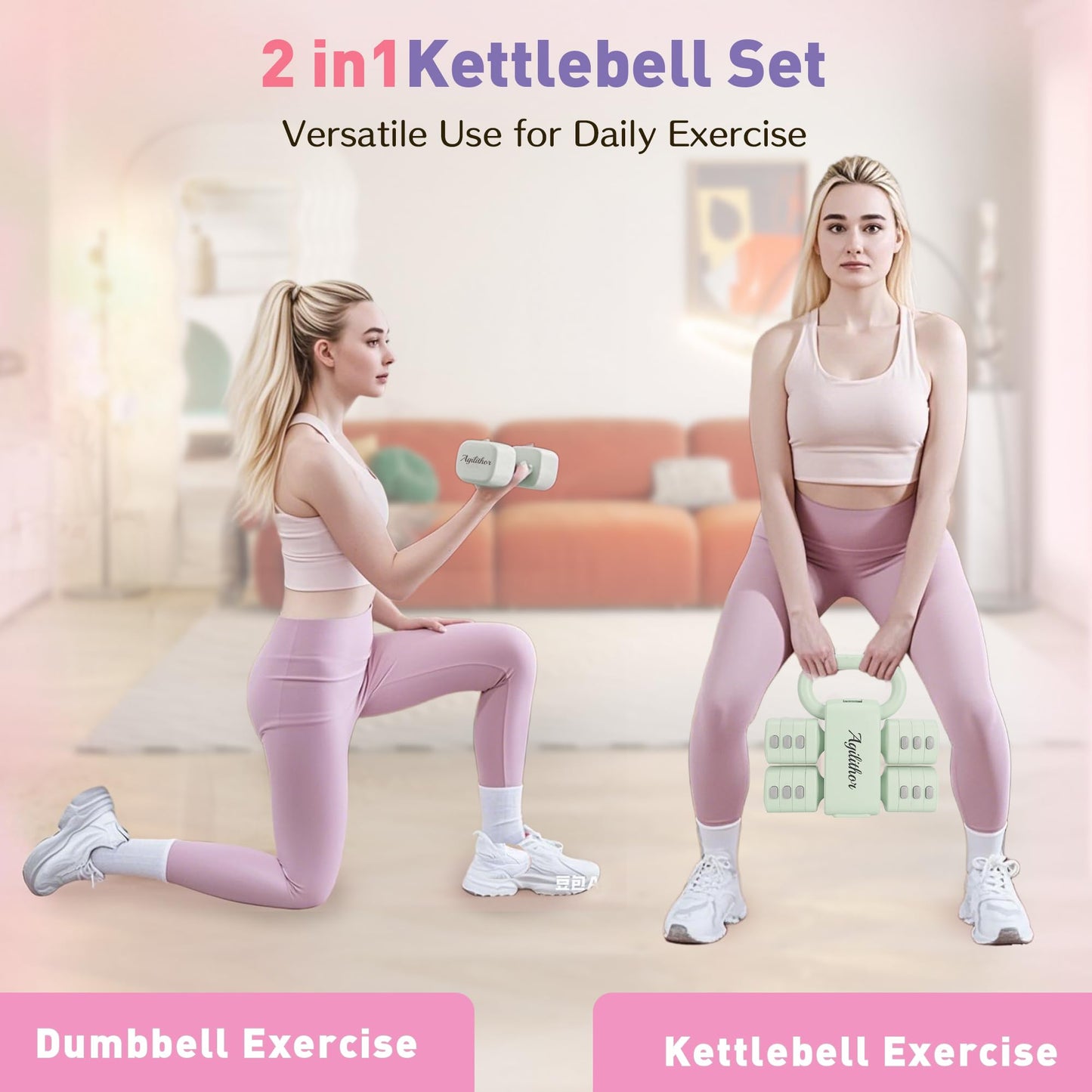 2-in-1 Kettlebell und Hanteln Set Verstellbar 1-5 kg, Kurzhantel Set für Frauen und Damen, Home Gym Gewichte für Zuhause, Anfänger Fitness (Grün)